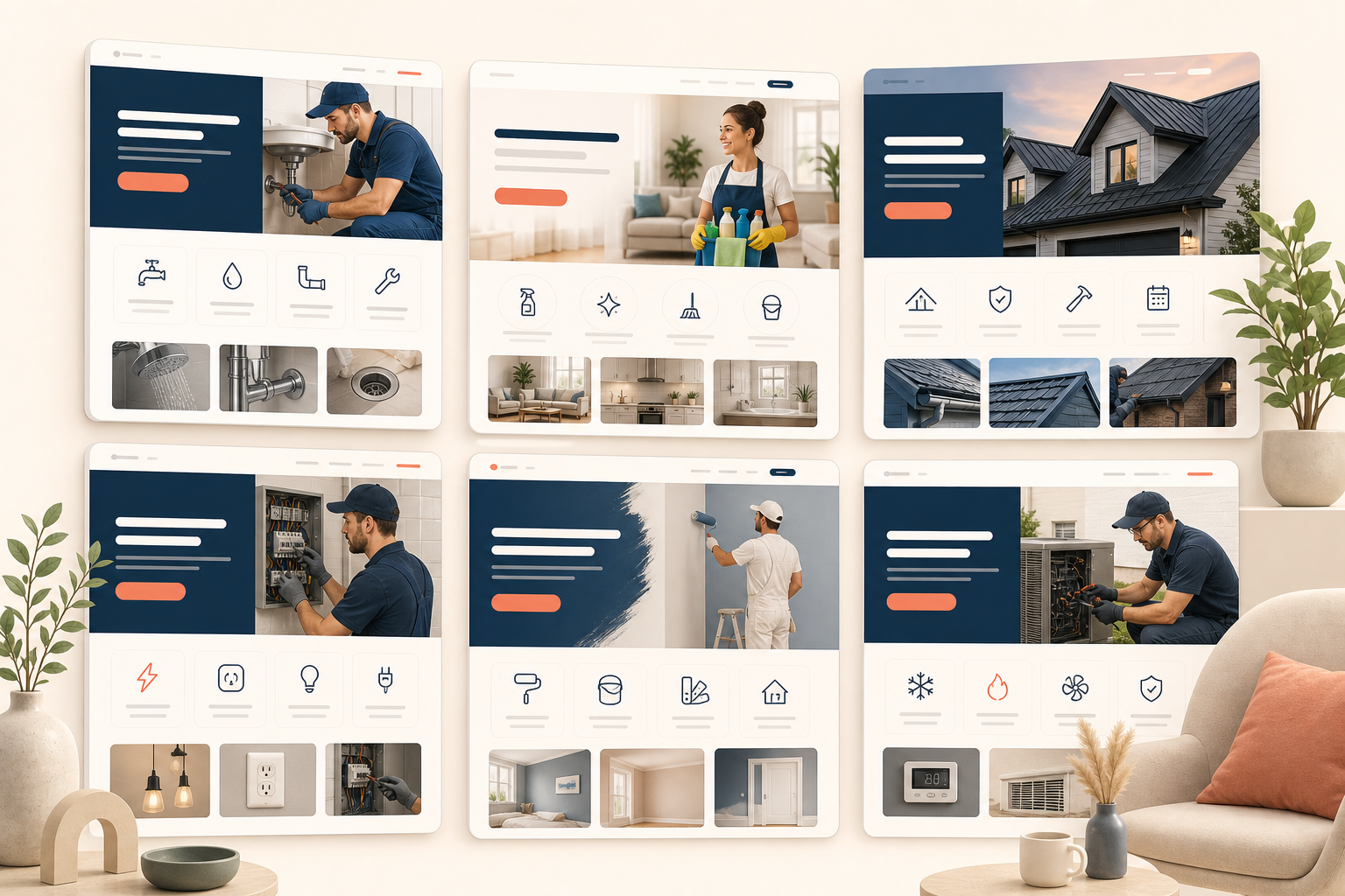 Illustration of multiple small-business website examples laid out as polished preview cards